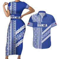 Fetu Samoa Rugby Custom Couples Matching Short Sleeve Bodycon Dress and Hawaiian Shirt Siapo Pattern - Sporty Style LT14 Blue - Polynesian Pride