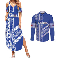 Fetu Samoa Rugby Custom Couples Matching Summer Maxi Dress and Long Sleeve Button Shirt Siapo Pattern - Sporty Style LT14 Blue - Polynesian Pride