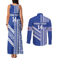 Fetu Samoa Rugby Custom Couples Matching Tank Maxi Dress and Long Sleeve Button Shirt Siapo Pattern - Sporty Style LT14 - Polynesian Pride
