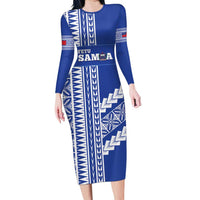 Fetu Samoa Rugby Custom Long Sleeve Bodycon Dress Siapo Pattern - Sporty Style LT14 Long Dress Blue - Polynesian Pride