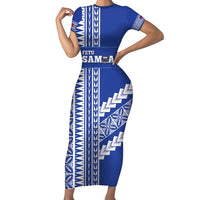 Fetu Samoa Rugby Custom Short Sleeve Bodycon Dress Siapo Pattern - Sporty Style LT14 Long Dress Blue - Polynesian Pride