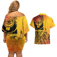 Marquesas Islands Couples Matching Off Shoulder Short Dress and Hawaiian Shirt Marquesan Matatiki Fish Hook Patutiki - Polynesian Pride