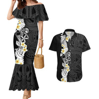 Black Samoa Tattoo Couples Matching Mermaid Dress and Hawaiian Shirt Plumeria Samoan Ocean Tatau Pattern - Polynesian Pride