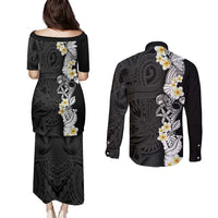 Black Samoa Tattoo Couples Matching Puletasi and Long Sleeve Button Shirt Plumeria Samoan Ocean Tatau Pattern - Polynesian Pride