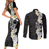 Black Samoa Tattoo Couples Matching Short Sleeve Bodycon Dress and Long Sleeve Button Shirt Plumeria Samoan Ocean Tatau Pattern - Polynesian Pride