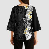 Black Samoa Tattoo Kimono Sleeve Blouse Plumeria Samoan Ocean Tatau Pattern - Polynesian Pride