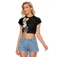 Black Samoa Tattoo Raglan Cropped T Shirt Plumeria Samoan Ocean Tatau Pattern LT14 Female Black - Polynesian Pride