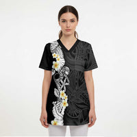 Black Samoa Tattoo Scrub Top Plumeria Samoan Ocean Tatau Pattern - Polynesian Pride