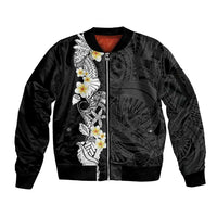 Black Samoa Tattoo Sleeve Zip Bomber Jacket Plumeria Samoan Ocean Tatau Pattern - Polynesian Pride