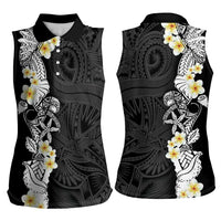 Black Samoa Tattoo Women Sleeveless Polo Shirt Plumeria Samoan Ocean Tatau Pattern - Polynesian Pride