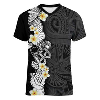 Black Samoa Tattoo Women V-Neck T-Shirt Plumeria Samoan Ocean Tatau Pattern LT14 Female Black - Polynesian Pride