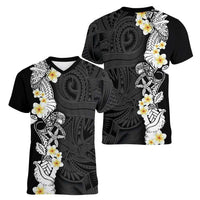 Black Samoa Tattoo Women V-Neck T-Shirt Plumeria Samoan Ocean Tatau Pattern LT14 - Polynesian Pride