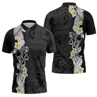 Black Samoa Tattoo Zipper Polo Shirt Plumeria Samoan Ocean Tatau Pattern LT14 - Polynesian Pride