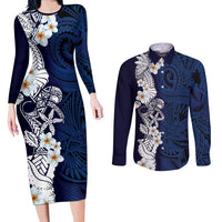 Blue Samoa Tattoo Couples Matching Long Sleeve Bodycon Dress and Long Sleeve Button Shirt Plumeria Samoan Ocean Tatau Pattern - Polynesian Pride