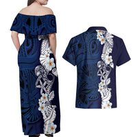 Blue Samoa Tattoo Couples Matching Off Shoulder Maxi Dress and Hawaiian Shirt Plumeria Samoan Ocean Tatau Pattern - Polynesian Pride
