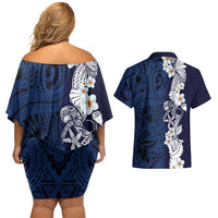 Blue Samoa Tattoo Couples Matching Off Shoulder Short Dress and Hawaiian Shirt Plumeria Samoan Ocean Tatau Pattern - Polynesian Pride