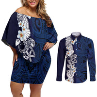 Blue Samoa Tattoo Couples Matching Off Shoulder Short Dress and Long Sleeve Button Shirt Plumeria Samoan Ocean Tatau Pattern - Polynesian Pride
