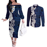 Blue Samoa Tattoo Couples Matching Off The Shoulder Long Sleeve Dress and Long Sleeve Button Shirt Plumeria Samoan Ocean Tatau Pattern - Polynesian Pride