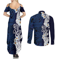 Blue Samoa Tattoo Couples Matching Summer Maxi Dress and Long Sleeve Button Shirt Plumeria Samoan Ocean Tatau Pattern - Polynesian Pride
