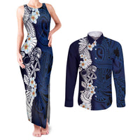 Blue Samoa Tattoo Couples Matching Tank Maxi Dress and Long Sleeve Button Shirt Plumeria Samoan Ocean Tatau Pattern - Polynesian Pride