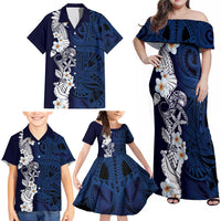 Blue Samoa Tattoo Family Matching Off Shoulder Maxi Dress and Hawaiian Shirt Plumeria Samoan Ocean Tatau Pattern - Polynesian Pride