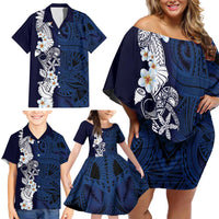 Blue Samoa Tattoo Family Matching Off Shoulder Short Dress and Hawaiian Shirt Plumeria Samoan Ocean Tatau Pattern - Polynesian Pride
