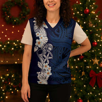Blue Samoa Tattoo Christmas Knitted V-Neck Vest Plumeria Samoan Ocean Tatau Pattern - Polynesian Pride