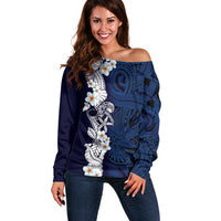 Blue Samoa Tattoo Off Shoulder Sweater Plumeria Samoan Ocean Tatau Pattern - Polynesian Pride