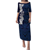Blue Samoa Tattoo Puletasi Plumeria Samoan Ocean Tatau Pattern LT14 Long Dress Blue - Polynesian Pride