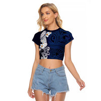 Blue Samoa Tattoo Raglan Cropped T Shirt Plumeria Samoan Ocean Tatau Pattern - Polynesian Pride