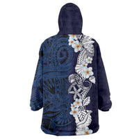 Blue Samoa Tattoo Wearable Blanket Hoodie Plumeria Samoan Ocean Tatau Pattern - Polynesian Pride