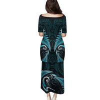 Aotearoa Pounamu Niho Family Matching Puletasi and Hawaiian Shirt Silver Fern Mix Maori Pattern - Turquoise