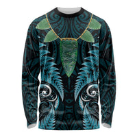 Aotearoa Pounamu Niho Long Sleeve Shirt Silver Fern Mix Maori Pattern - Turquoise