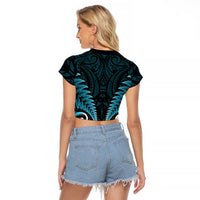 Aotearoa Pounamu Niho Raglan Cropped T Shirt Silver Fern Mix Maori Pattern - Turquoise