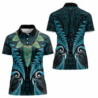 Aotearoa Pounamu Niho Women Polo Shirt Silver Fern Mix Maori Pattern - Turquoise