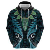 Aotearoa Pounamu Niho Zip Hoodie Silver Fern Mix Maori Pattern - Turquoise LT14 - Polynesian Pride