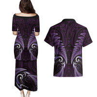 Aotearoa Pounamu Niho Couples Matching Puletasi and Hawaiian Shirt Silver Fern Mix Maori Pattern - Purple LT14 - Polynesian Pride
