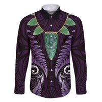 Aotearoa Pounamu Niho Family Matching Tank Maxi Dress and Hawaiian Shirt Silver Fern Mix Maori Pattern - Purple LT14 Dad's Shirt - Long Sleeve Purple - Polynesian Pride
