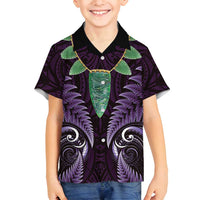 Aotearoa Pounamu Niho Family Matching Tank Maxi Dress and Hawaiian Shirt Silver Fern Mix Maori Pattern - Purple LT14 Son's Shirt Purple - Polynesian Pride