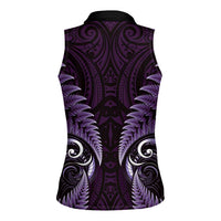 Aotearoa Pounamu Niho Women Sleeveless Polo Shirt Silver Fern Mix Maori Pattern - Purple