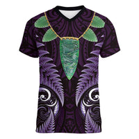 Aotearoa Pounamu Niho Women V-Neck T-Shirt Silver Fern Mix Maori Pattern - Purple