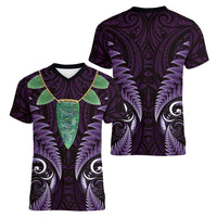 Aotearoa Pounamu Niho Women V-Neck T-Shirt Silver Fern Mix Maori Pattern - Purple