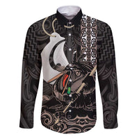 Aotearoa Hei Matau Family Matching Tank Maxi Dress and Hawaiian Shirt Haka Kiwi Mix Maori Mangopare LT14 Dad's Shirt - Long Sleeve Black - Polynesian Pride