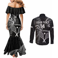 Custom New Zealand Tiki Tennis Couples Matching Mermaid Dress and Long Sleeve Button Shirt 2024 Aotearoa Tenehi Maori Silver Fern - Black LT14 - Polynesian Pride