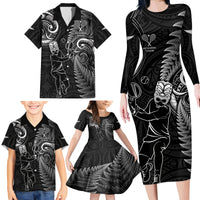 Custom New Zealand Tiki Tennis Family Matching Long Sleeve Bodycon Dress and Hawaiian Shirt 2024 Aotearoa Tenehi Maori Silver Fern - Black LT14 - Polynesian Pride