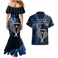 New Zealand Tiki Tennis Couples Matching Mermaid Dress and Hawaiian Shirt 2024 Aotearoa Tenehi Maori Silver Fern - Blue LT14 - Polynesian Pride