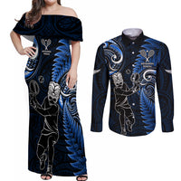 Custom New Zealand Tiki Tennis Couples Matching Off Shoulder Maxi Dress and Long Sleeve Button Shirt 2024 Aotearoa Tenehi Maori Silver Fern - Blue LT14 Blue - Polynesian Pride