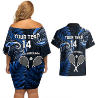 Custom New Zealand Tiki Tennis Couples Matching Off Shoulder Short Dress and Hawaiian Shirt 2024 Aotearoa Tenehi Maori Silver Fern - Blue LT14 - Polynesian Pride