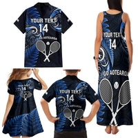 Custom New Zealand Tiki Tennis Family Matching Tank Maxi Dress and Hawaiian Shirt 2024 Aotearoa Tenehi Maori Silver Fern - Blue LT14 - Polynesian Pride