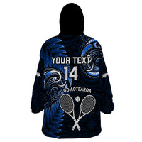 Custom New Zealand Tiki Tennis Wearable Blanket Hoodie 2024 Aotearoa Tenehi Maori Silver Fern - Blue LT14 - Polynesian Pride